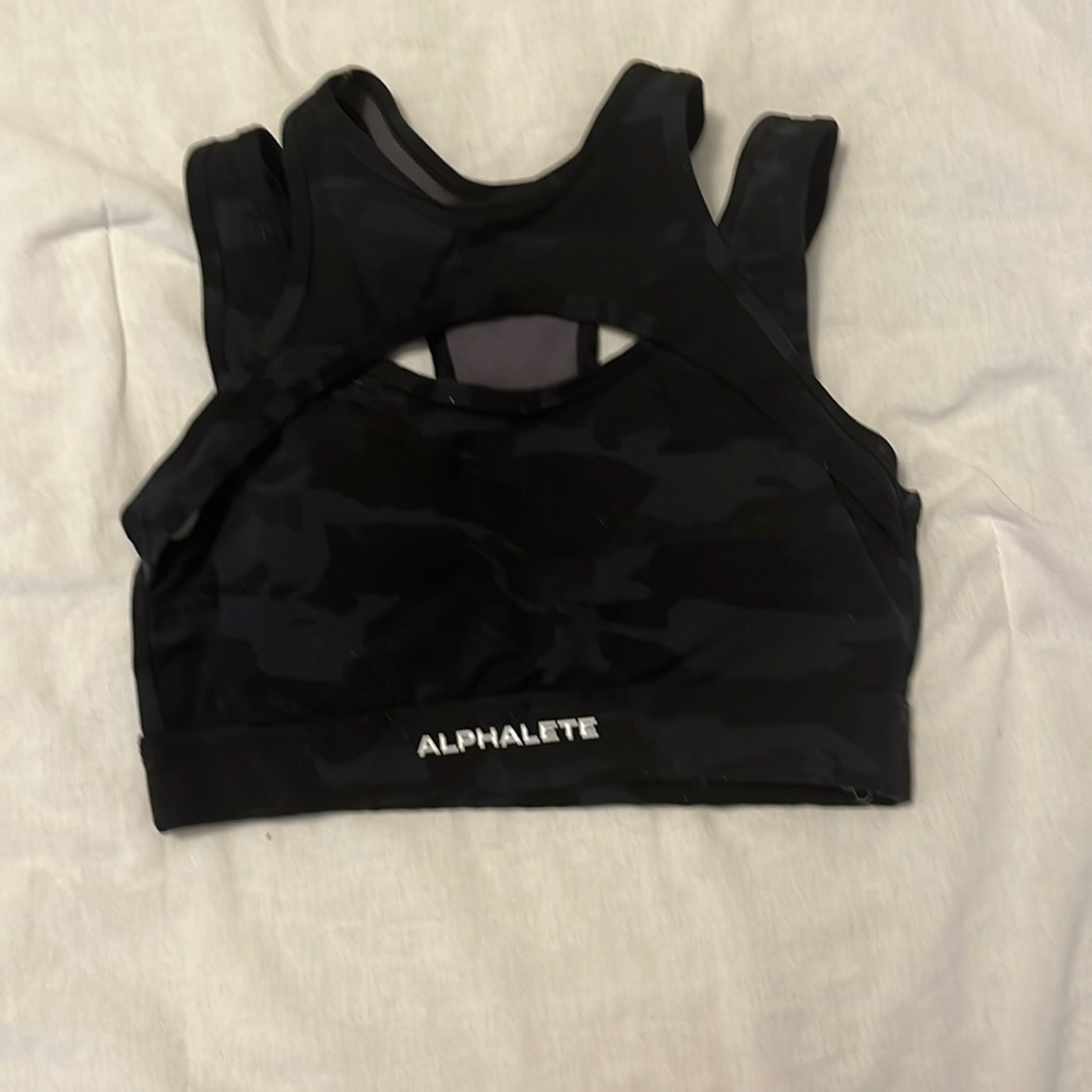 Black and grey camo Alphalete sports bra; XS